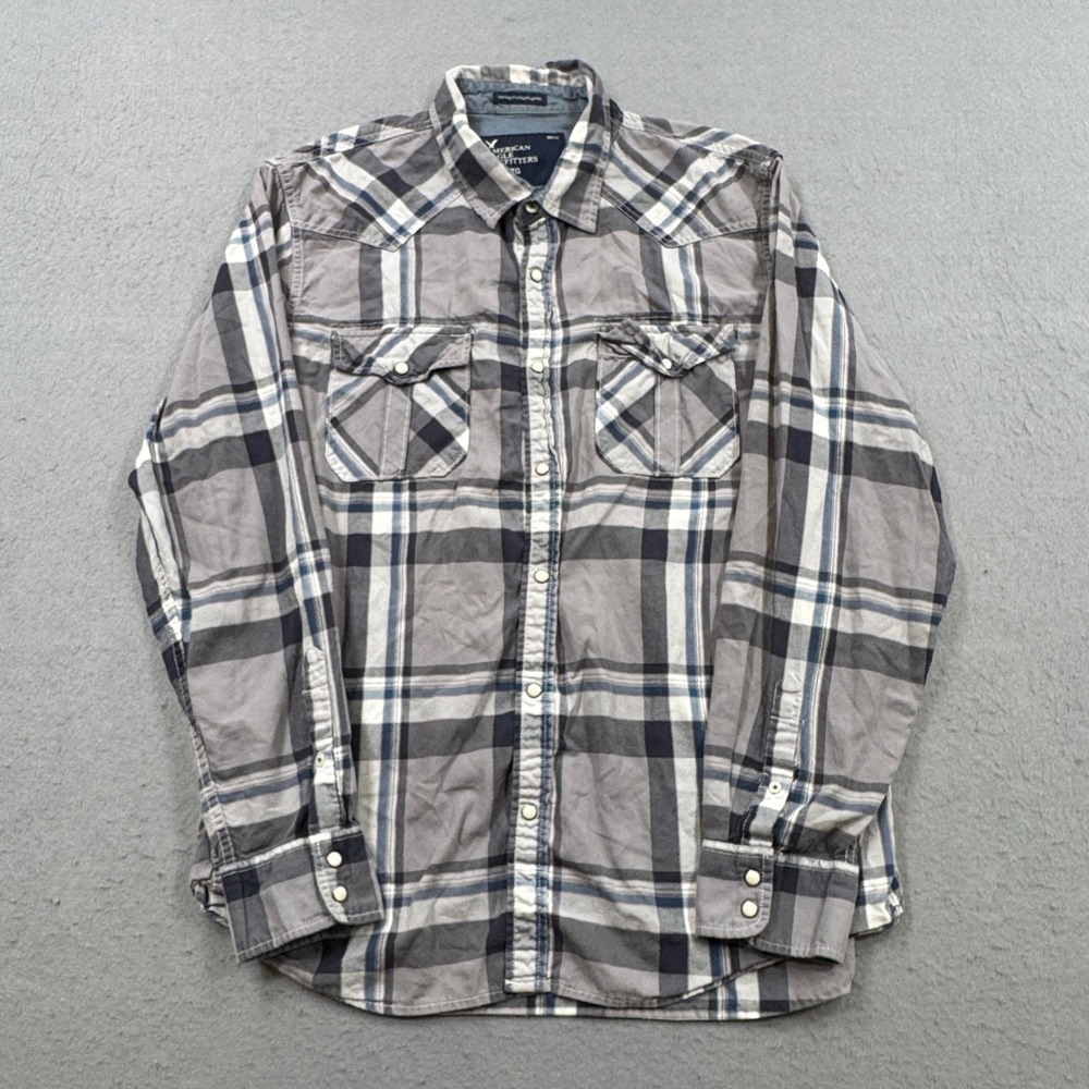 American Eagle Western Shirt Men's 2XL Gray Plaid Pearl Snap Vintage Fit Classic